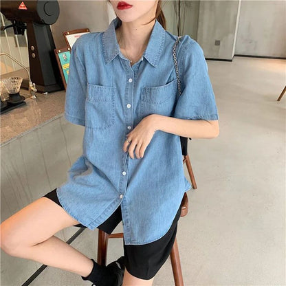 Summer Korean Denim Short Sleeve Shirt Women 2025 Pockets Loose Turn Down Colllar Shirts Woman Chic Single Breasted Jeans Blouse