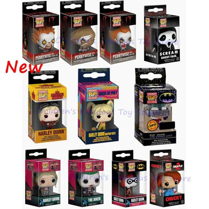 Mais Novos Funko Chaveiros de Bolso série Coringa Arlequina Patins Pennywise Chucky Coringa Chaveiros Bonecos de Ação Brinquedos