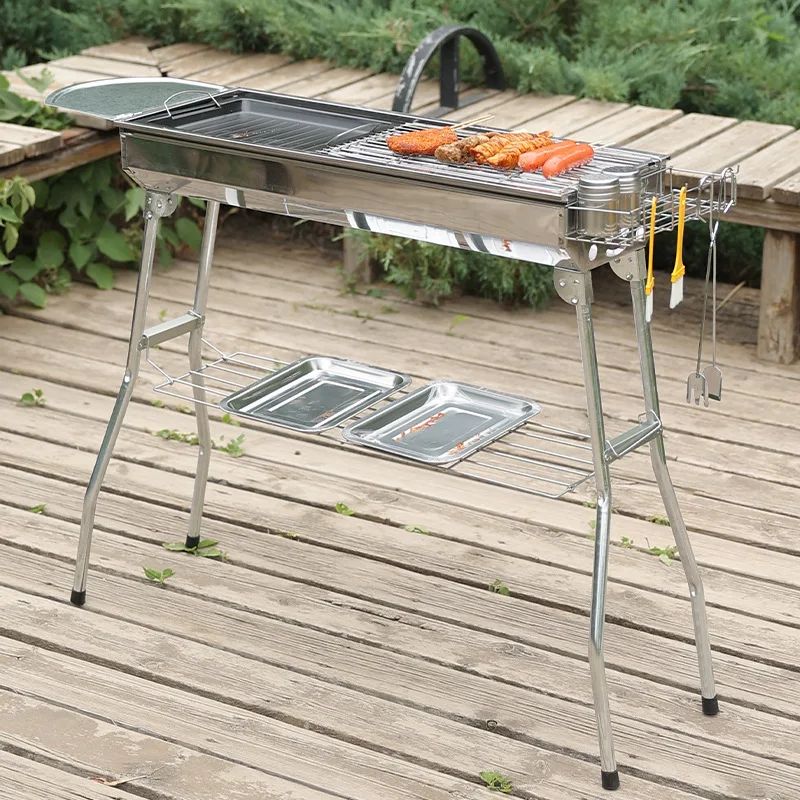 Outdoor Stainless Steel Charcoal Grill Large Size Barbecue Tool Portable Free Installation Handle Folding BBQ Cooking