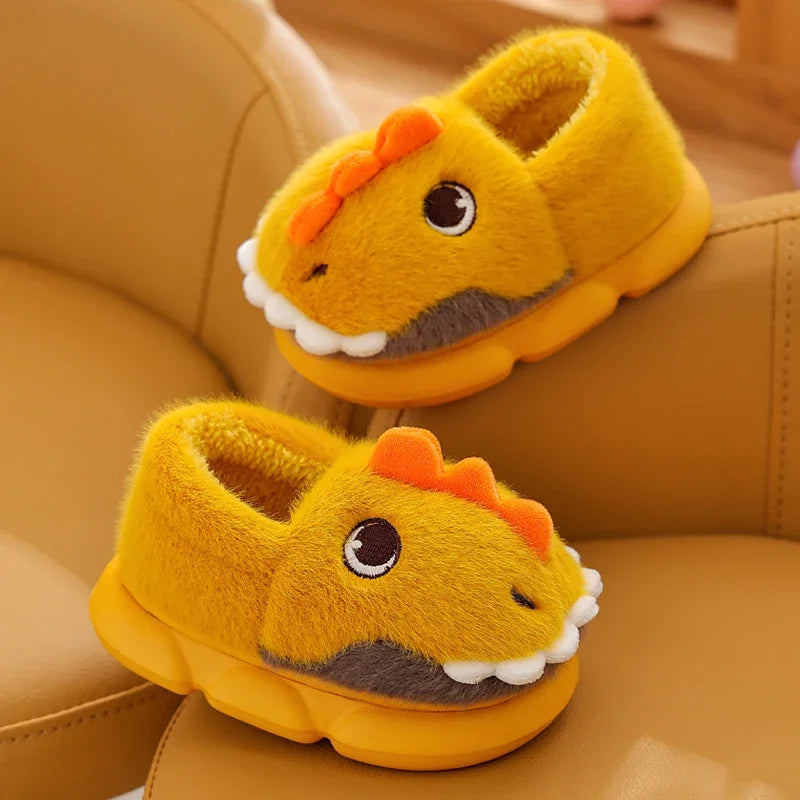 Cute Cartoon Dinosaur Children Plush Slippers Soft Sole Non-slip Winter Warm Baby Boys Girls Indoor Home Heel Wrap Cotton Shoes