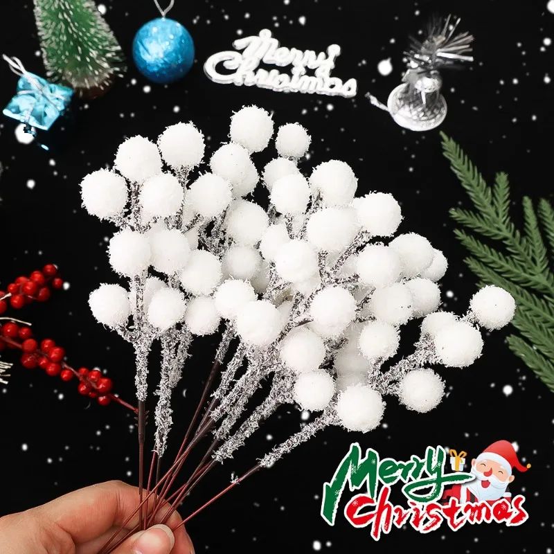 5/50pcs Christmas Snow Tipped Berry Branches Artificial White Berries Fake Flower DIY Wreath Xmas Tree Wedding Party Decoration