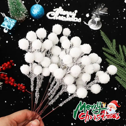 5/50pcs Christmas Snow Tipped Berry Branches Artificial White Berries Fake Flower DIY Wreath Xmas Tree Wedding Party Decoration