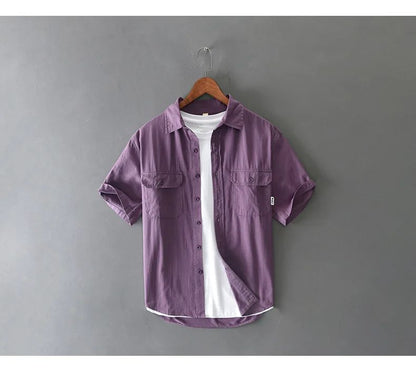 Summer Short Sleeve Cargo Shirt Men Streetwear Men Loose Shirts Casual Pure Cotton Double Pockets Khaki Shirt Fashion Clothing