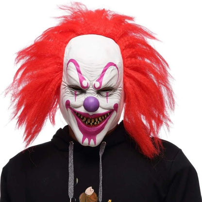Evil Grinning Clown Mask Purple Nose Red Wig Latex Mask Halloween Carnival Haunted House Bar Prank Cosplay Costume Accessory