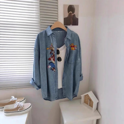 Plus Size 300 Pounds Fat MM Cartoon Embroidery Washed Denim Polo Collar Loose Meat Covering Women's Shirt Autumn Outerwear
