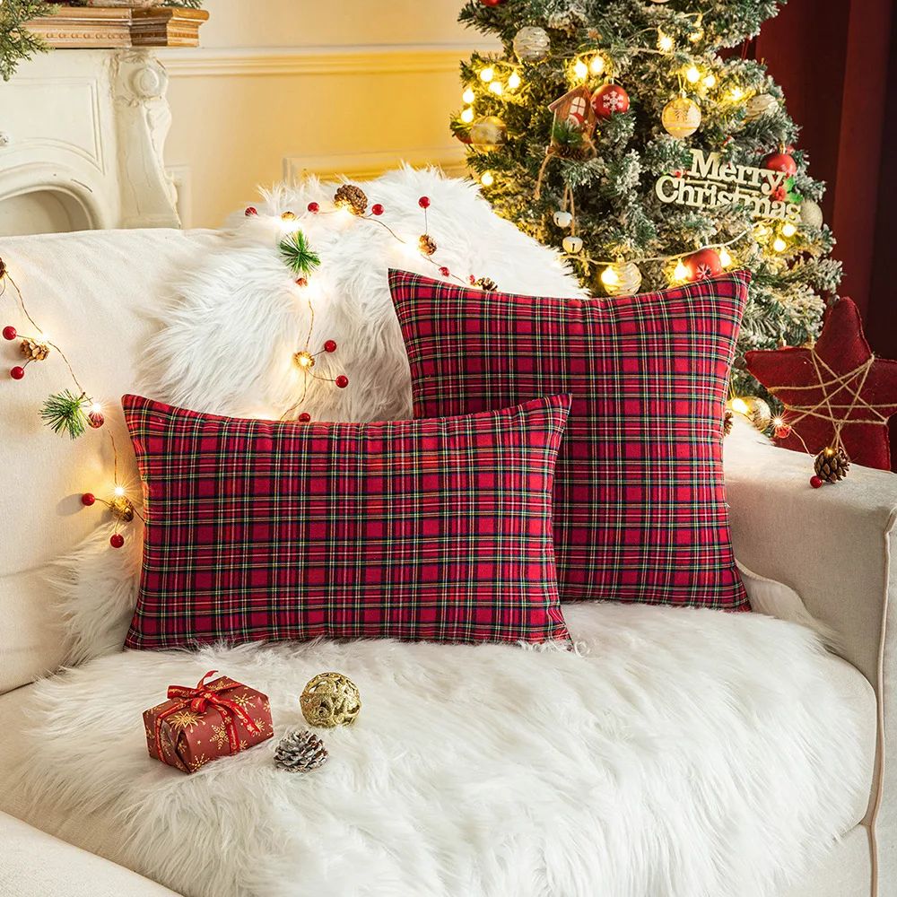 Home Christmas Decor Plaid Cushion Covers Red Checkered Polyester Cotton Xmas Ornament Snowflake Throw Pillowcase Decorative