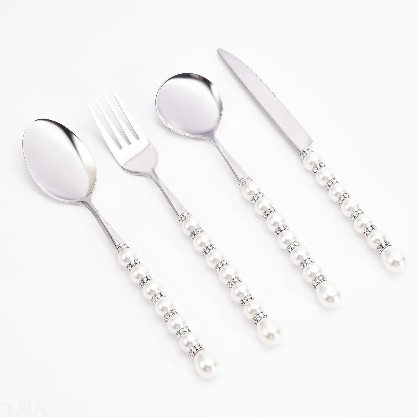 Conjunto de talheres luxuosos de aço inoxidável 304 com colher, garfo e faca, talheres com pérolas e diamantes, caixa de presente, utensílios para casa, cozinha e casamento