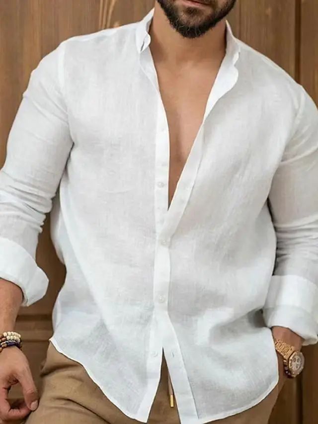 Men's Solid Cotton Linen Long Sleeve Shirt Youth Slim Fit Lapel Tops Casual Handsome Luxury Stylish Shirts & Blouses