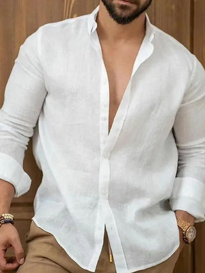 Men's Solid Cotton Linen Long Sleeve Shirt Youth Slim Fit Lapel Tops Casual Handsome Luxury Stylish Shirts & Blouses