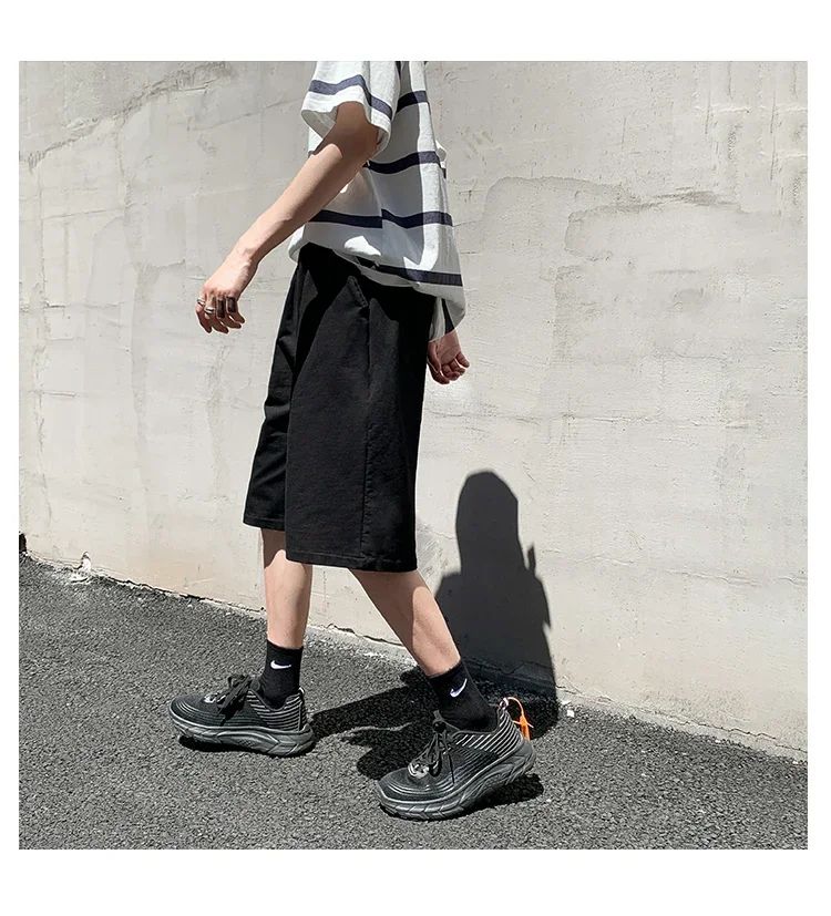 Summer New Y2K Solid Color Cotton Loose Men's Sports Pants Shorts Street Wear Simple Drawstring Straight Casual Shorts Male