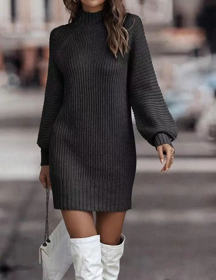 High Neck Long Sleeve Women's Knitted Dress Sweater Autumn Winter New Style Cross-Border Fashion Elegant Classy Female Garment