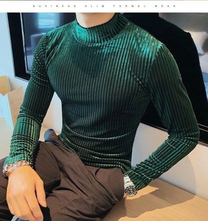 New Gold Velvet T Shirt Men Clothing Fashion Trend Male Luxury Prom Party Long-sleeved Striped Pullover Tops Homme