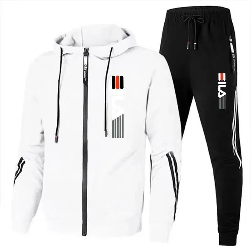 New striped men's autumn and winter jogging fitness set, casual sportswear set, 2-piece zippered sweatshirt + sweatpants set