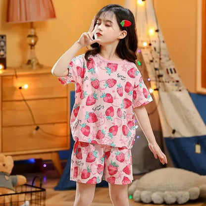 Summer Strawberry Sleepwear For Baby Kids Short Sleeve Pijamas Infantil 100% Cotton Kids Pajamas Set Boys Girls Clothes 6 8 10 Y
