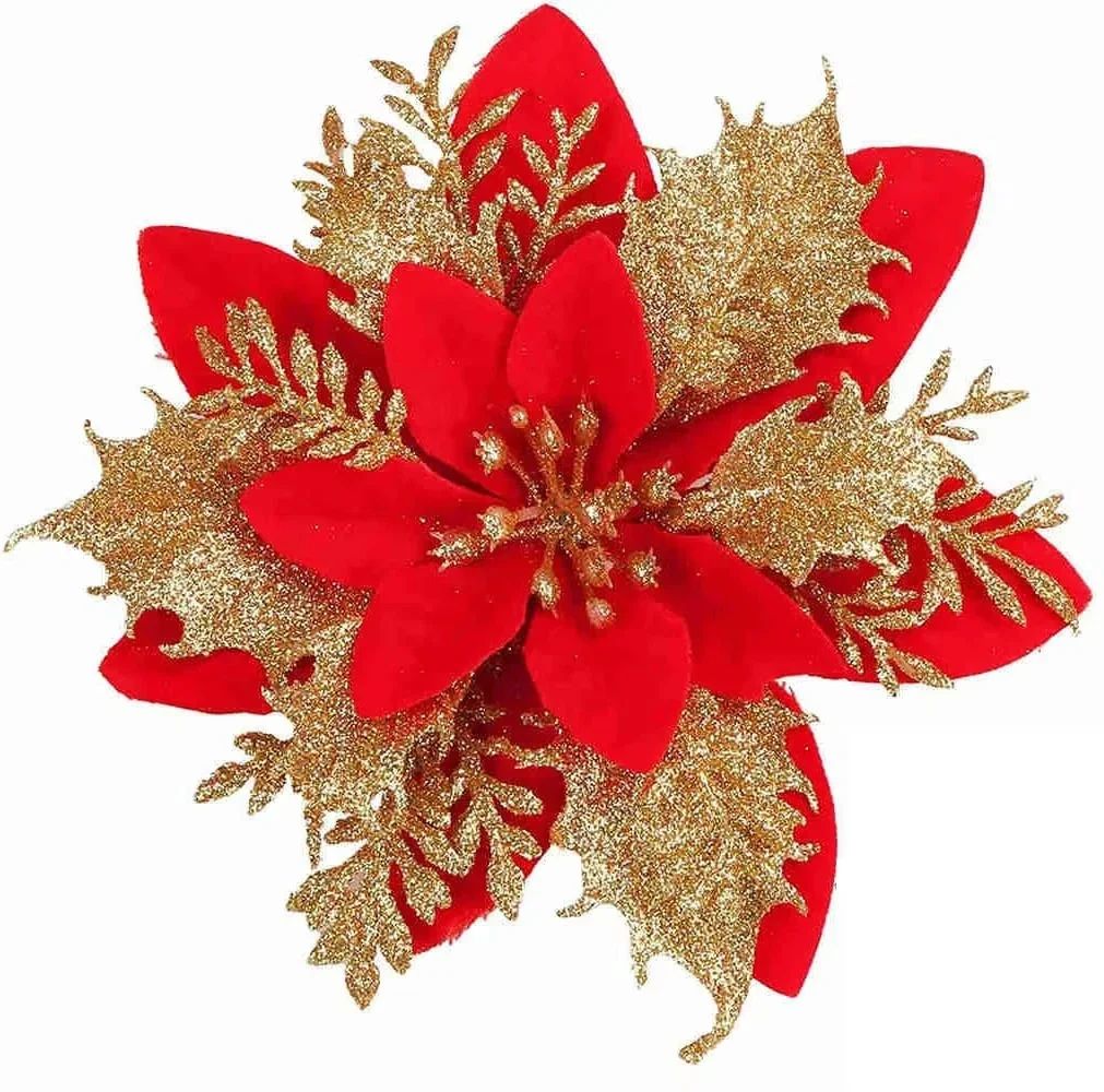 1/5/10pcs Sparkling Red Golden Silver Poinsettia Artificial Flowers Christmas Tree Ornaments for Xmas New Year party Decoration