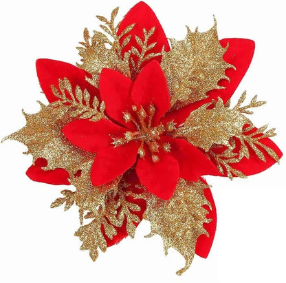 1/5/10pcs Sparkling Red Golden Silver Poinsettia Artificial Flowers Christmas Tree Ornaments for Xmas New Year party Decoration
