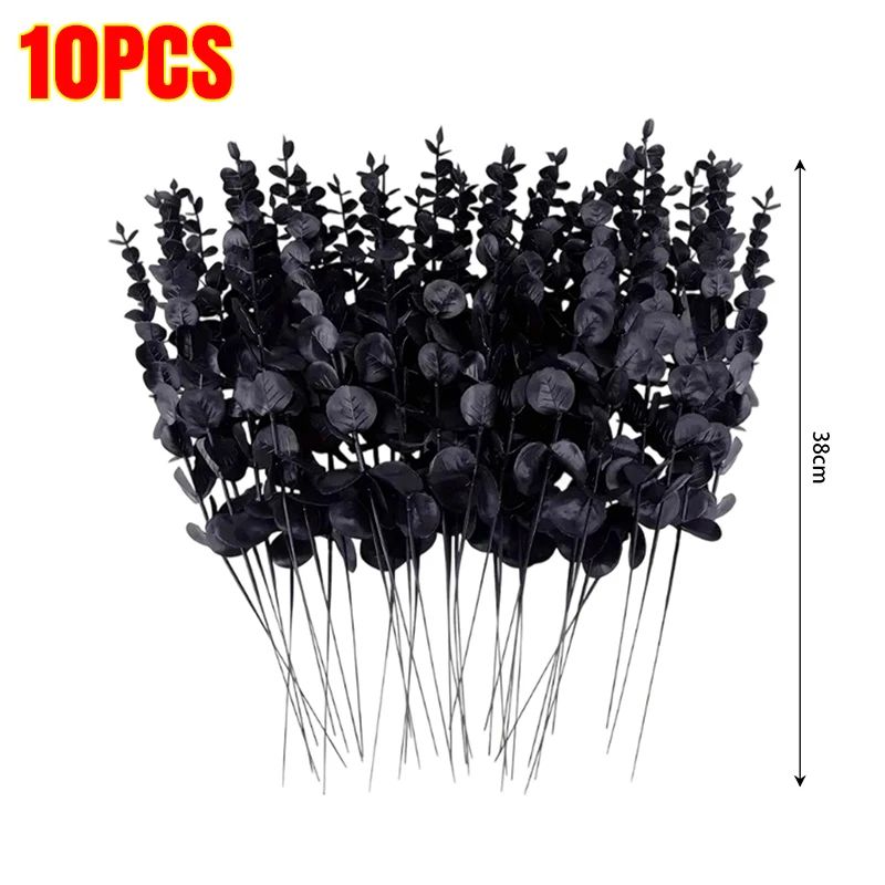 50/10x Black Artificial Eucalyptus Branches Simulation Flowers Stems Halloween Thanksgiving Ornaments DIY Home Table Decoration