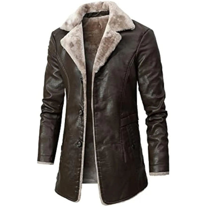 Men's Winter Faux Leather Casual Windbreak High Quality Coat Fur Lined Button Trench Coats Men's Down Lapel Collar Jackets