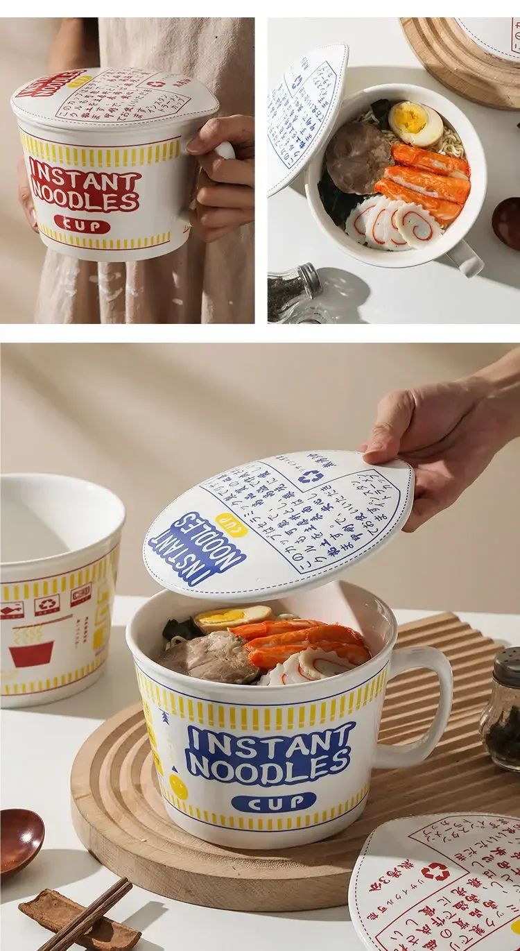 1pc Large Capacity Ceramic Instant Noodle Bowl with Cover?Perfect for Dorms and Home Kitchens - Keep Your Noodles Fresh and Warm