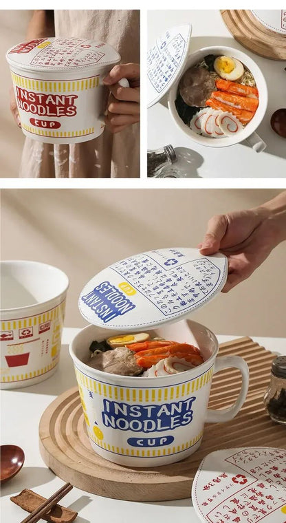 1pc Large Capacity Ceramic Instant Noodle Bowl with Cover?Perfect for Dorms and Home Kitchens - Keep Your Noodles Fresh and Warm