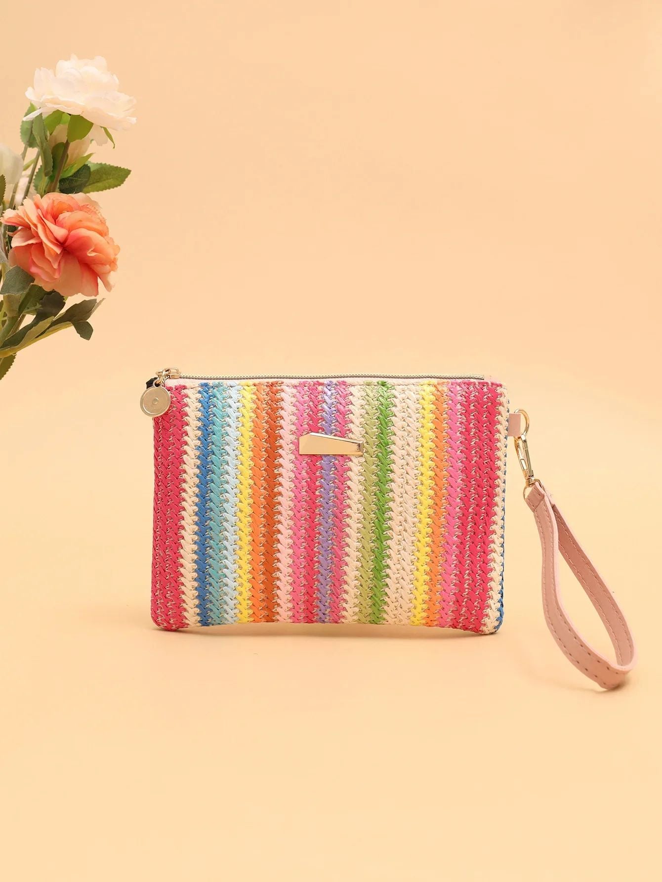 Rattan Knitting Women Straw Bags Fashion Colorful Summer Beach Clutch Bag Female Woven Wristlet Bag Wallet Money Coin Purse
