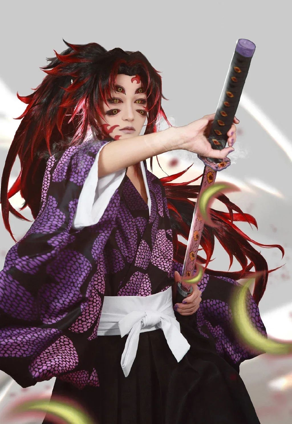 2026 New Edition Kokushibo Role-Play Wig, Temporary Tattoos, Anime-Print Kimono Top, Halloween Party Costume