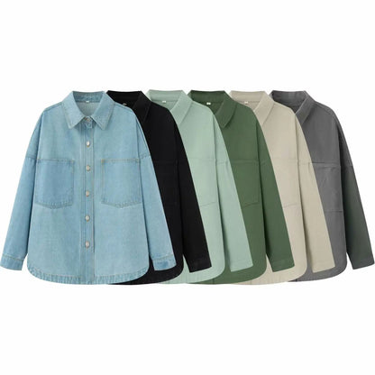 Retro Washed Loose Long Sleeve Women's Denim Shirt Vintage Workwear Style Button up Casual Outerwear from Mainland China