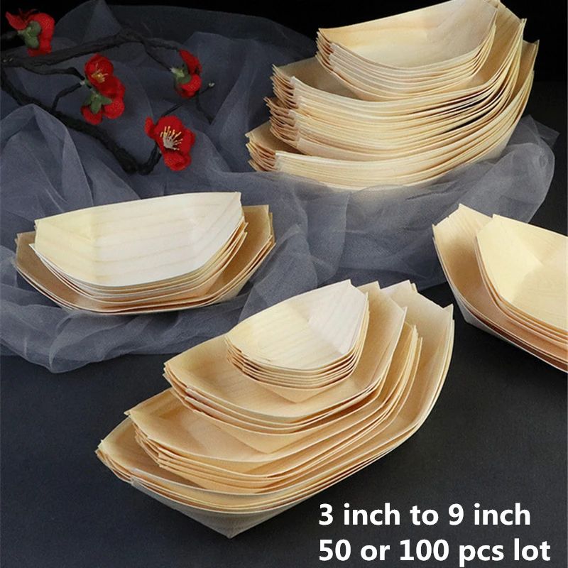 50 100pcs Natural bamboo Disposable Kayak sushi Wood Boat Salad Dessert Pine cake Boat Snack Bowl mat sushi plate tray onigiri