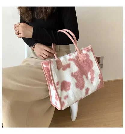New Women Soft Plush Hand Bag New Winter Leopard Cow Print Tote Bags Female Pu Leather Underarm Bags Furry Fluffy Shoulder Bag