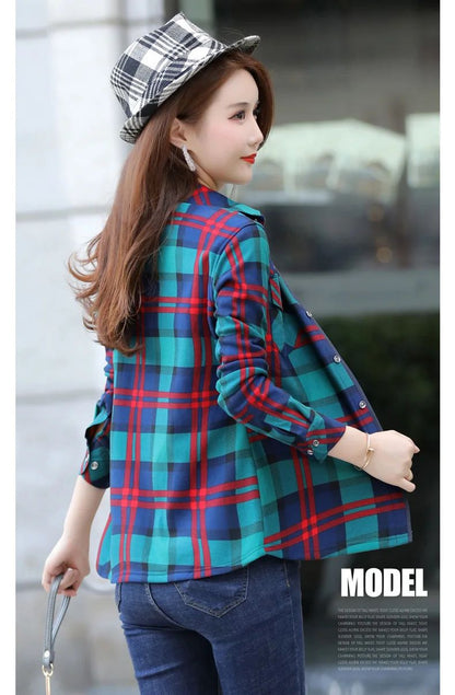 Women's Fleece Lined Long Sleeve Shirt Mid Length Thick Winter Warm Korean Style Elastic plus Size Plaid Patterned Button up
