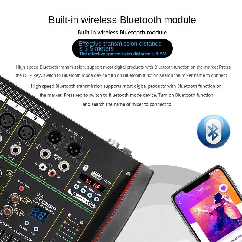 Mesa de som DSP de 4/8 canais com efeito de reverberação, profissional, Bluetooth, USB, áudio mixer balanceado para karaokê familiar, palco, KTV