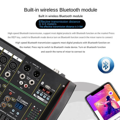 Mesa de som DSP de 4/8 canais com efeito de reverberação, profissional, Bluetooth, USB, áudio mixer balanceado para karaokê familiar, palco, KTV