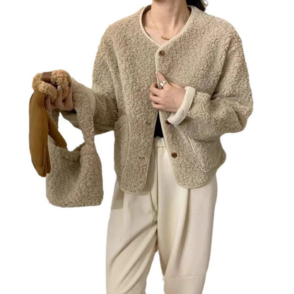 Korean Chic round Neck Single Button Loose Lamb Fur Jacket Winter Elegant Fashion Small Size with Bag Matching Women's Coat