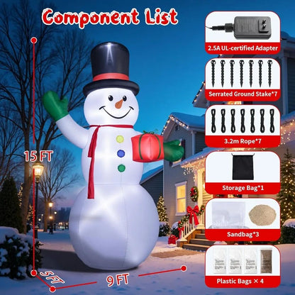 15-Foot Inflatable Snowman with LED Lights and Enchanted Hat for Winter Outdoor Decorations