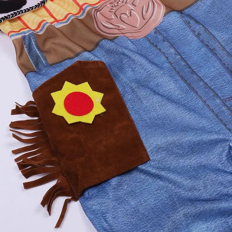 Unleash Your Inner Adventurer with This Boys Cosplay Costume Featuring A Printed Denim Jumpsuit and Cowhide Vest