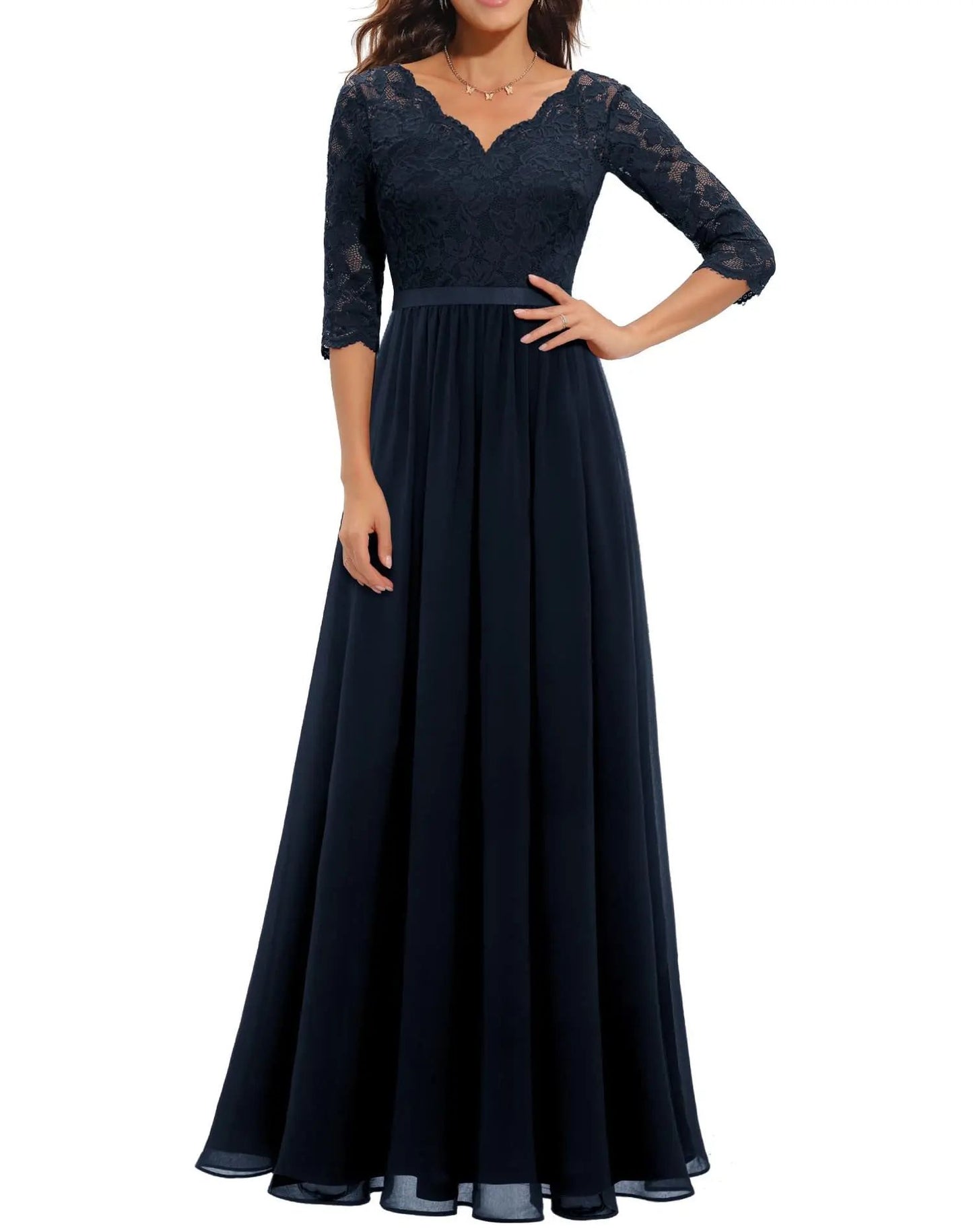 New 6-Color 5-Size Lace Splicing Long Waist-Cinching Elegant Dress Floor-Length V-Neck Polyester Fiber Evening Gown Dress