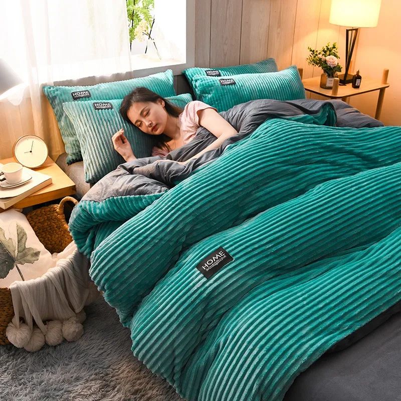 Milk Velvet Winter Thick Bed Set Double Sided Solid Color Flannel Corduroy Duvet Cover Set Winter Warm Bedding Sheet  220×240CM