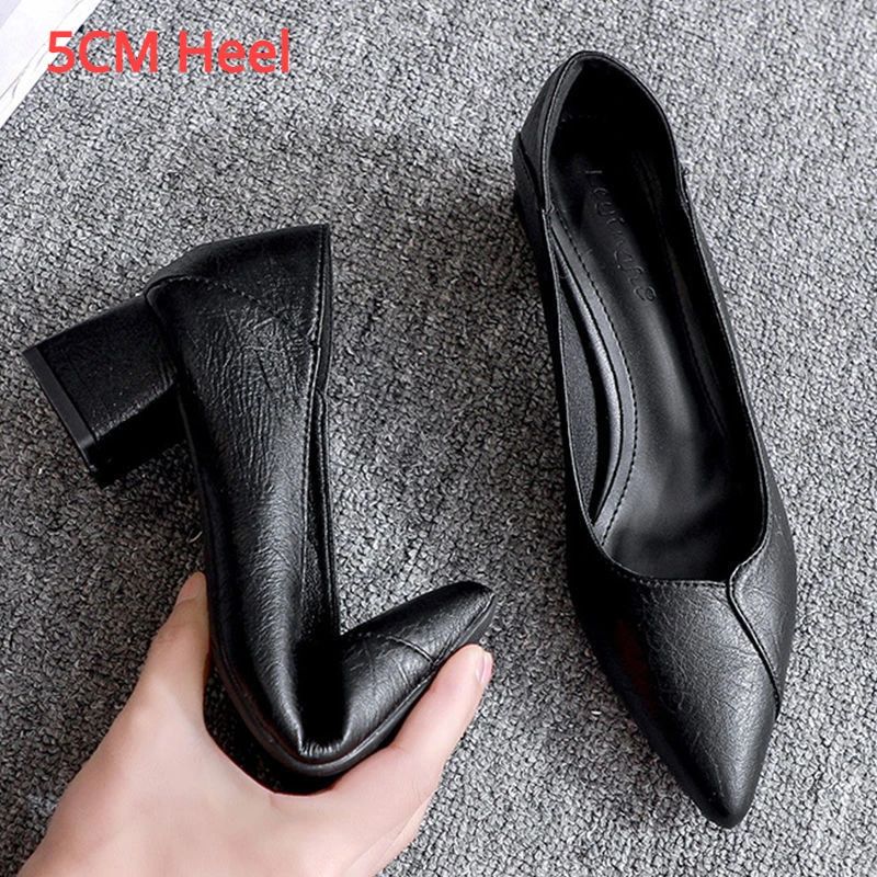 Black Chunky Heeled Women Shoes Square Heel Leather Shoes Pumps Zapatos De Mujer Fashion Designer Office Ladies
