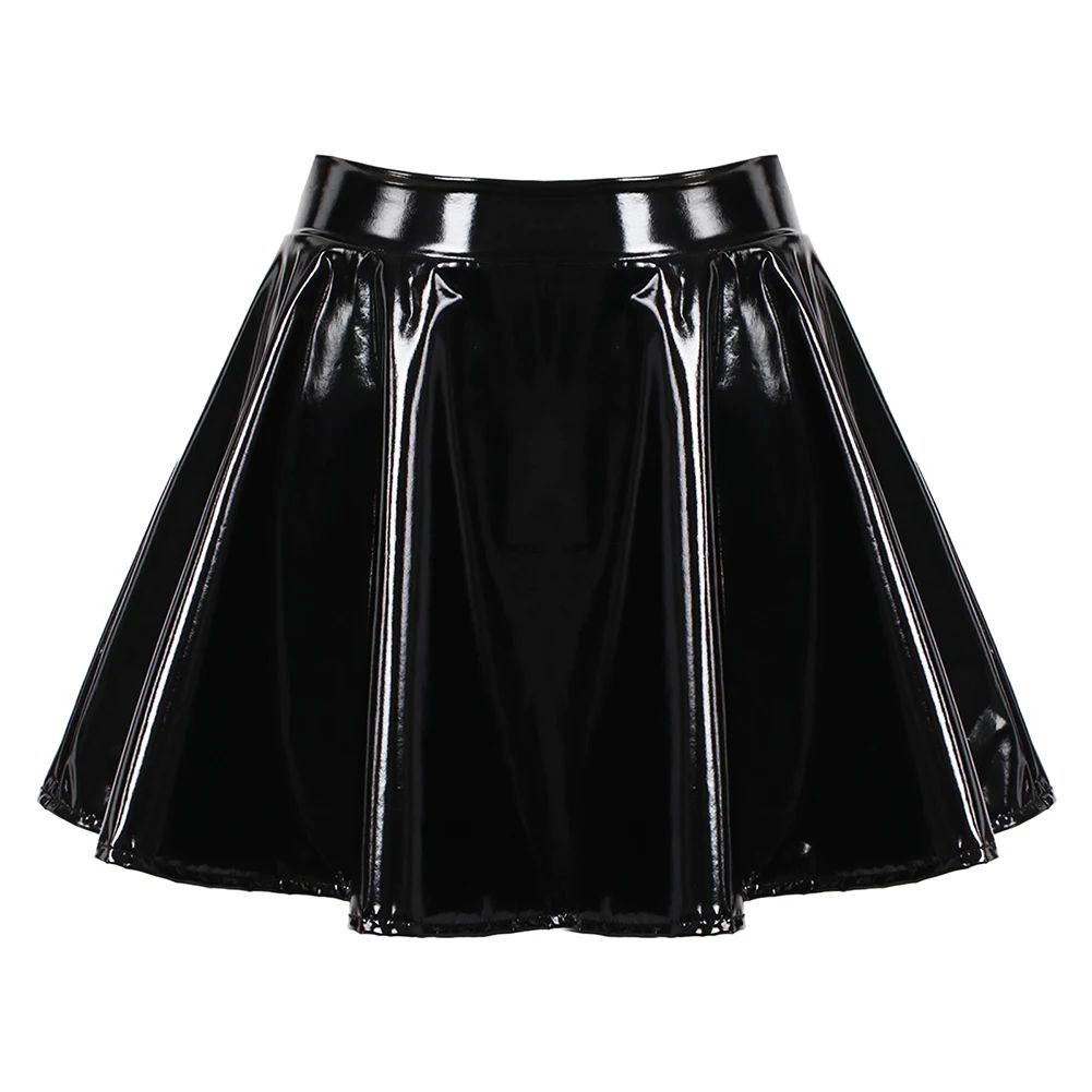 Women Glossy Patent Leather Flared Miniskirt Dance A Line Skirt Clubwear Cosplay Costume Retro Style Elastic Waistband