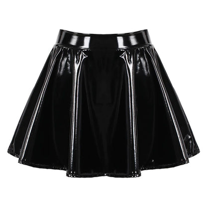 Women Glossy Patent Leather Flared Miniskirt Dance A Line Skirt Clubwear Cosplay Costume Retro Style Elastic Waistband