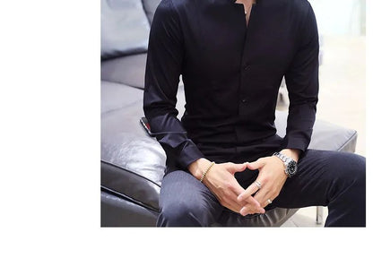 Black Men Long Sleeve Shirt, White Single Breasted Collar Stretch Shirts, Red Fashion Slim Top,Asian Size M-5XL(Korean Slim Fit)