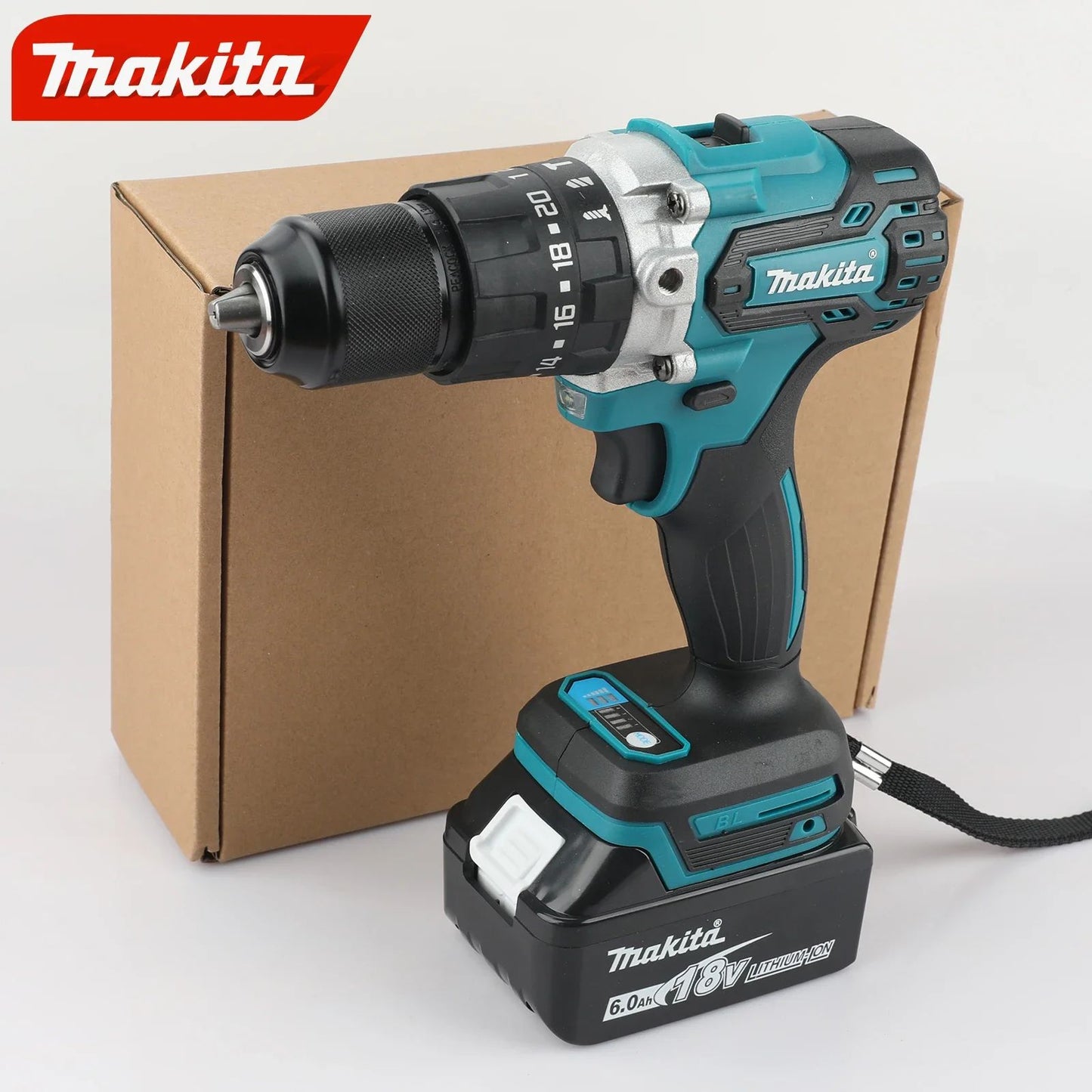 Furadeira de impacto/parafusadeira Makita DDF487 13mm, sem escova, bivolt, de íon de lítio, alto torque, preta e vermelha para uso doméstico
