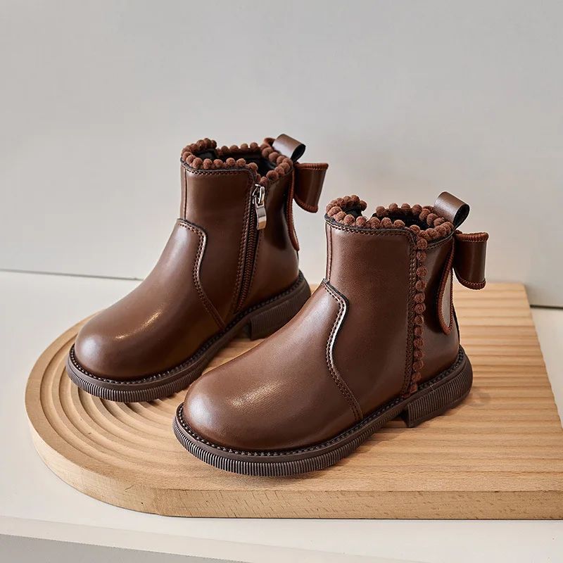 Girls Ankle Boots with Back Bow-knot Kids Short Boots Soft Sole 2025 New Girls' Princess Leather Boots with Warm Cotton Side Zip