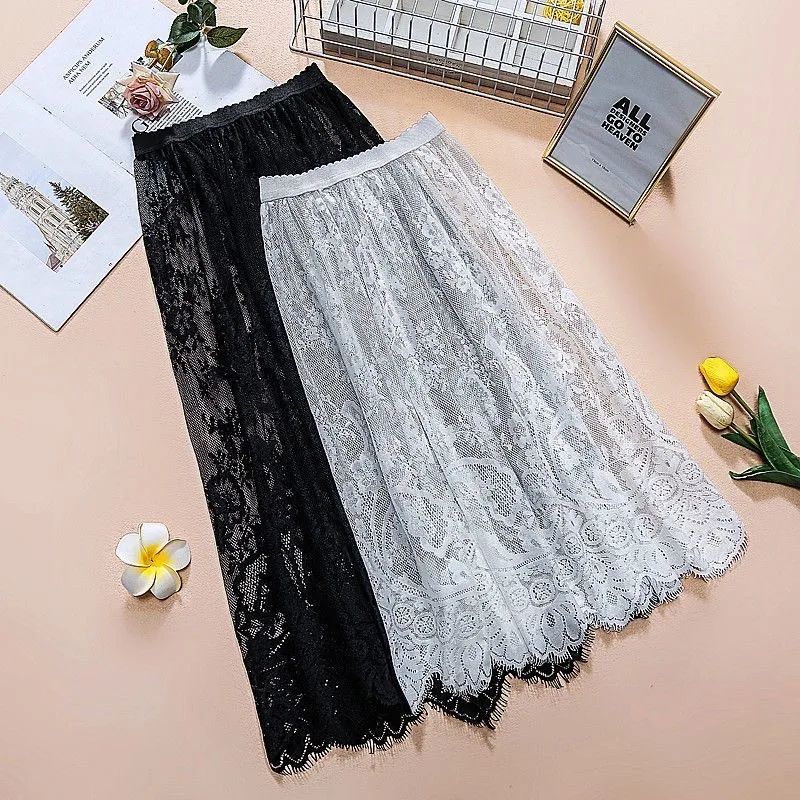 2 Length Elegant Black Skirt White Lace Transparent Long Tulle Skirt Ladies Elastic High Waist Beach Midi Skirt Drop shipping