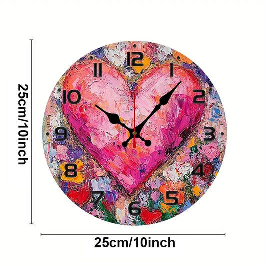 Heart Art Floral Wooden Round Silent Hanging Wall Clock, Suitable For Living Room, Office, Study Room, Bedroom, Home Decoration