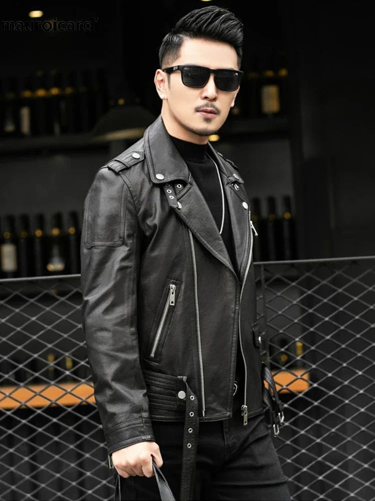 Long Sleeve Belt Plus Size European Fashion brand Spring Autumn Short Cool Black Leather Biker Jacket Men Zipper leather jackets