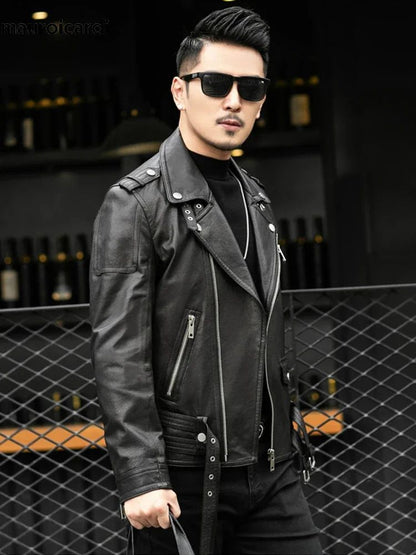 Long Sleeve Belt Plus Size European Fashion brand Spring Autumn Short Cool Black Leather Biker Jacket Men Zipper leather jackets