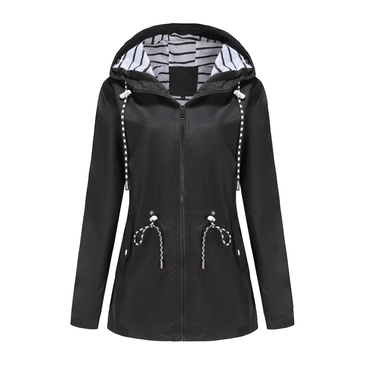 Blue Waterproof Hooded Jacket Women Fashion Casual Coat Waist Drawstring Tie Zipper Switch Red Green Yellow Black Windbreaker