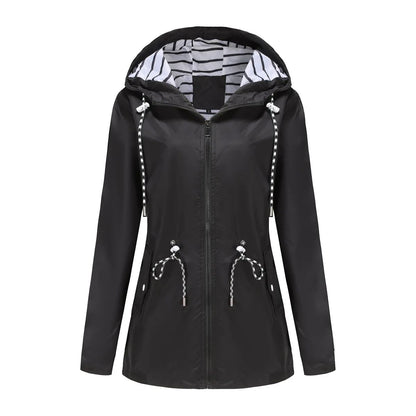 Blue Waterproof Hooded Jacket Women Fashion Casual Coat Waist Drawstring Tie Zipper Switch Red Green Yellow Black Windbreaker