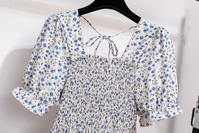 Summer Pleated Women Chiffon Dresses Casual Beach Holiday Short Sleeve Square Co